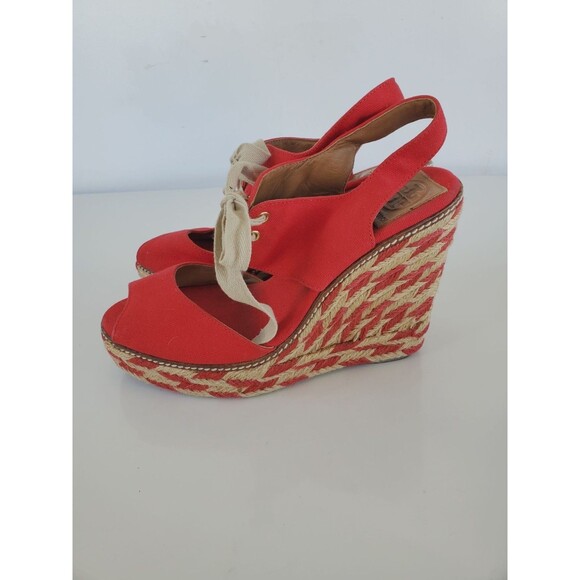 Tory Burch LINLEY Red Canvas Espadrille Wedge Sandals Size 10 M Shoes - Picture 3 of 12